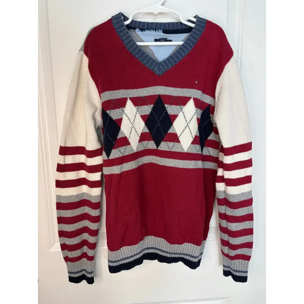 Tommy Hilfiger Boys V-Neck Argyle Sweater Red Gray White Cotton Size M 12/14
